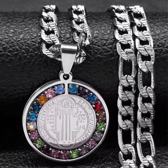 Anthropologie Jewelry - Saint Benedict Medallion Silver Cuban Link Multicolor Crystal Necklace